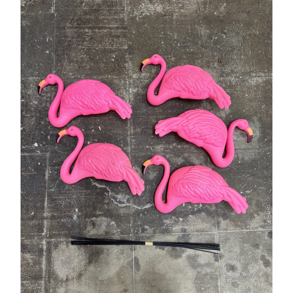 Vintage Blow Mold Pink Flamingos Yard Decor With Metal Legs Lot of 5